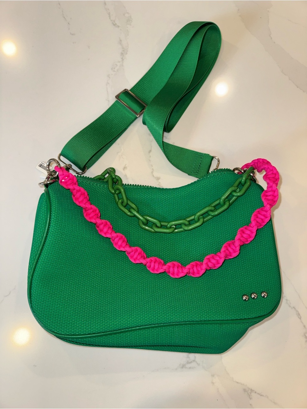 Pretty Simple Oh So Neon Green Crossbody Bag with Pink Accent Strap